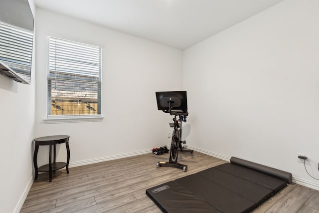 workout room with light hardwood / wood-style flooring