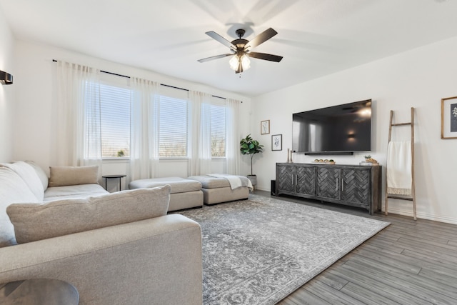 living room with hardwood / wood-style flooring and ceiling fan