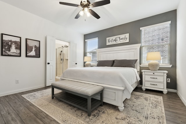 bedroom with dark hardwood / wood-style floors, connected bathroom, and ceiling fan