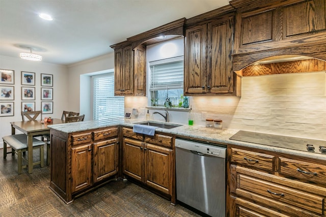 kitchen featuring sink, dishwasher, ornamental molding, black electric cooktop, and kitchen peninsula