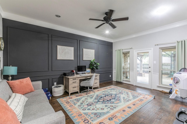 office with crown molding, dark hardwood / wood-style floors, and ceiling fan