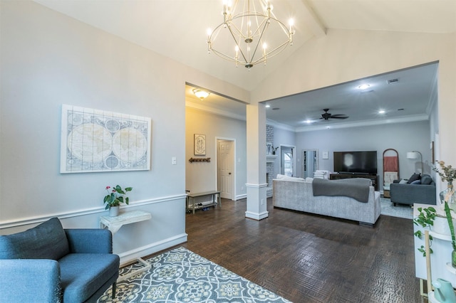 living room with dark hardwood / wood-style flooring, ceiling fan with notable chandelier, high vaulted ceiling, and beamed ceiling