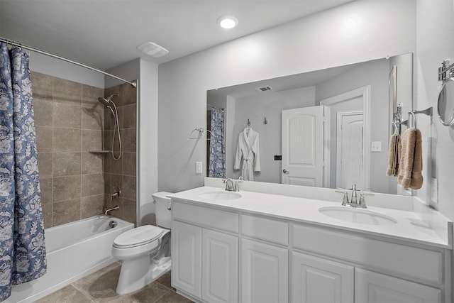 full bathroom with shower / bath combo, vanity, and toilet