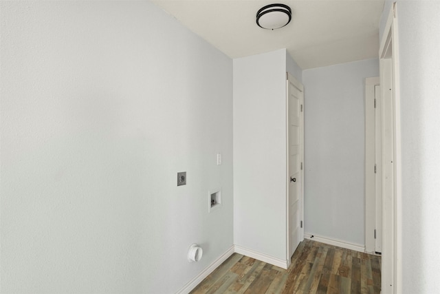 clothes washing area with electric dryer hookup, washer hookup, and dark wood-type flooring