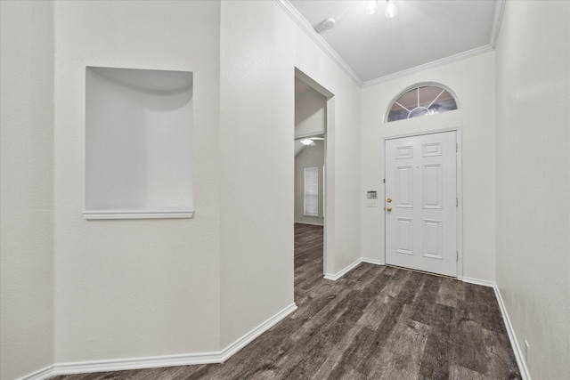 foyer featuring crown molding and dark hardwood / wood-style floors