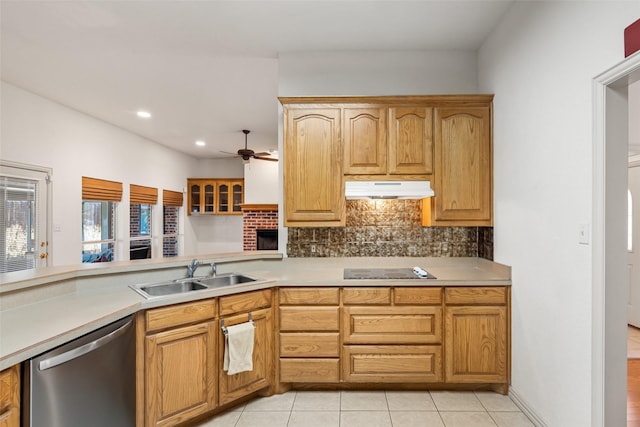 kitchen with sink, dishwasher, kitchen peninsula, ceiling fan, and decorative backsplash