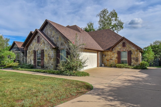 french country inspired facade with a garage and a front lawn