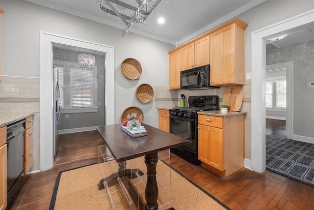 kitchen featuring crown molding, light brown cabinets, dark hardwood / wood-style floors, light stone countertops, and black appliances