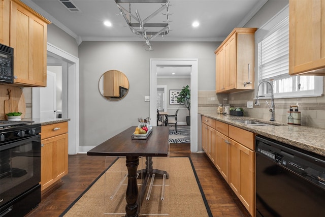 kitchen featuring crown molding, light stone countertops, light brown cabinets, and black appliances