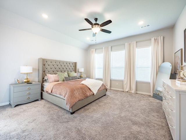 carpeted bedroom with ceiling fan