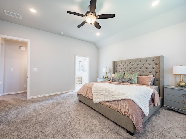 carpeted bedroom with ceiling fan and lofted ceiling