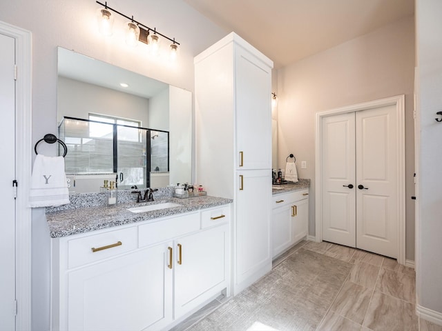 bathroom featuring vanity and a shower with shower door