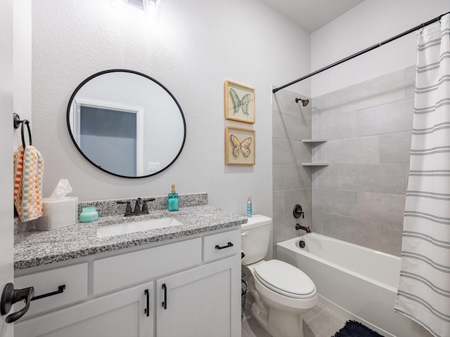 full bathroom with toilet, vanity, tile patterned floors, and shower / bath combo with shower curtain