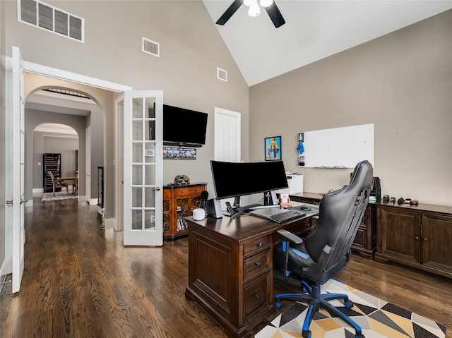 office space featuring french doors, ceiling fan, dark hardwood / wood-style flooring, and high vaulted ceiling