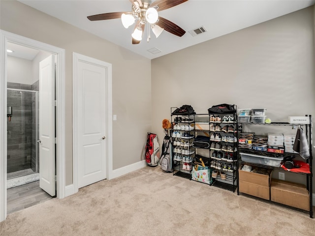 storage room featuring ceiling fan