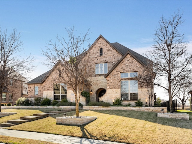 english style home with a front lawn