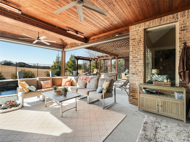 view of patio / terrace featuring ceiling fan, outdoor lounge area, and a pergola