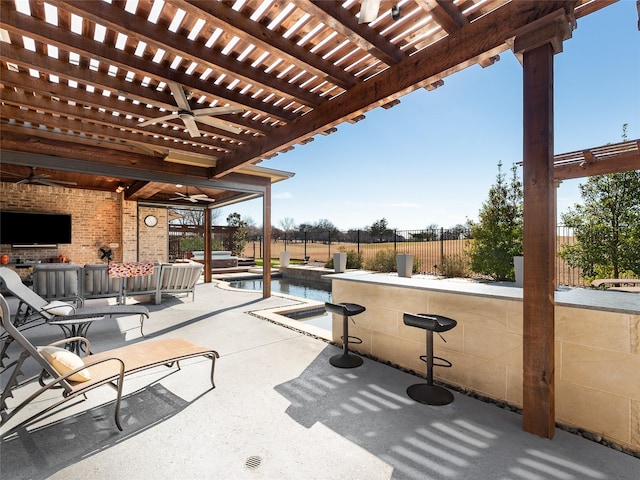 view of patio / terrace featuring a fenced in pool, a pergola, ceiling fan, and exterior bar