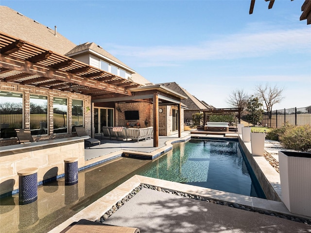 view of pool featuring a pergola, a hot tub, a patio, and an outdoor living space with a fireplace