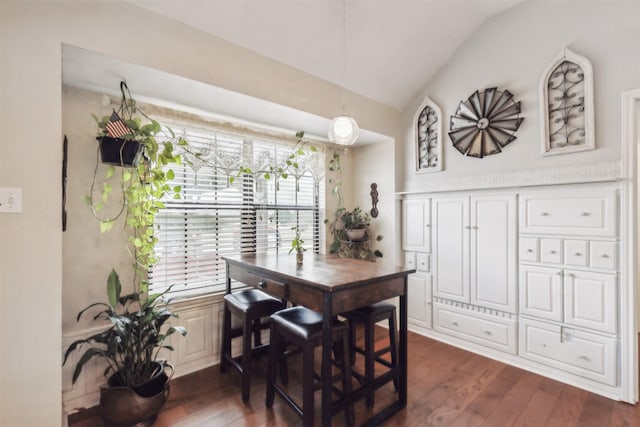 dining room with dark hardwood / wood-style floors and vaulted ceiling