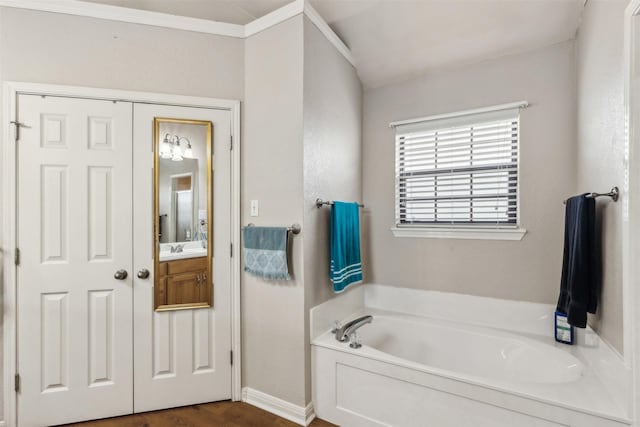 bathroom featuring vanity, wood-type flooring, and a tub to relax in