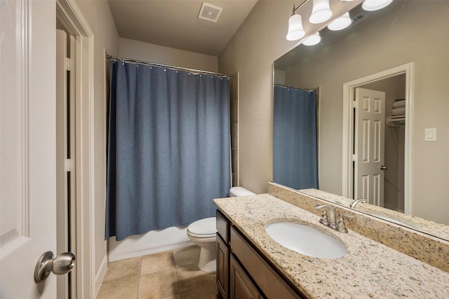 full bathroom with vanity, shower / bath combo, tile patterned floors, and toilet