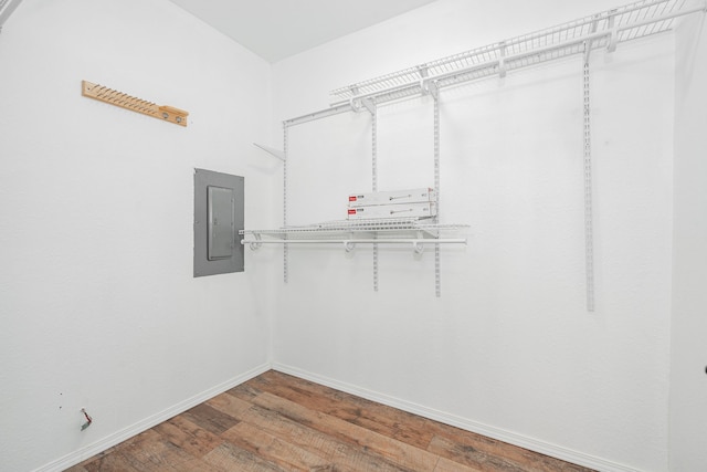 walk in closet with hardwood / wood-style flooring and electric panel