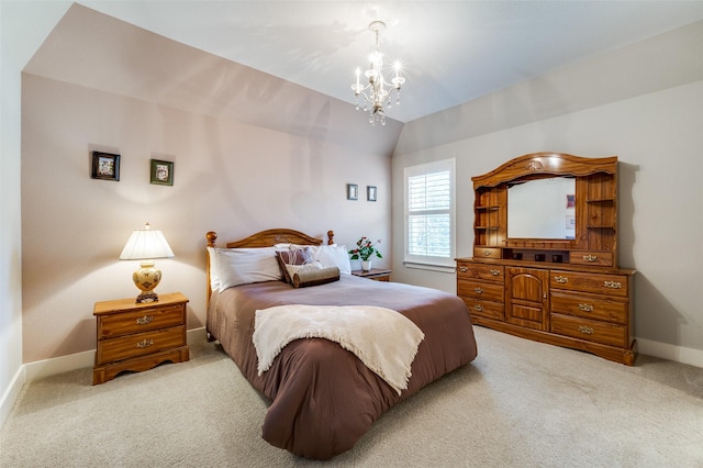 carpeted bedroom with lofted ceiling and a chandelier