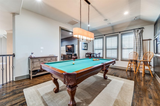 rec room featuring dark wood-type flooring, billiards, and vaulted ceiling