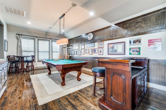 recreation room with billiards, bar, and dark hardwood / wood-style flooring