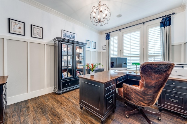 office space featuring ornamental molding, a chandelier, and dark hardwood / wood-style flooring