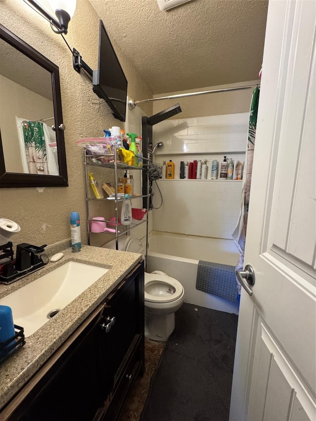 full bathroom featuring shower / bathtub combination with curtain, vanity, toilet, and a textured ceiling