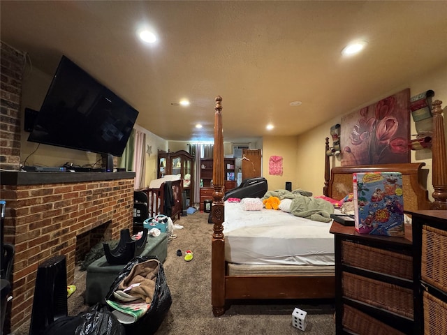 carpeted bedroom featuring a brick fireplace