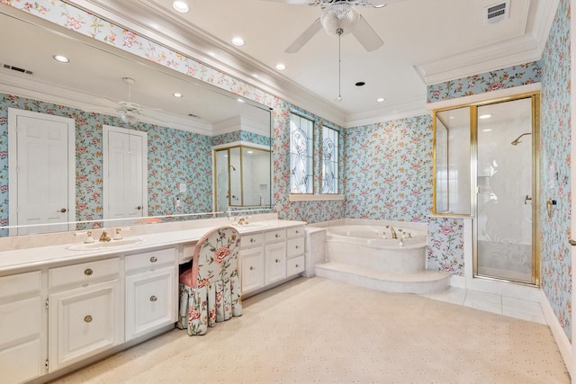 bathroom with crown molding, ceiling fan, vanity, and separate shower and tub