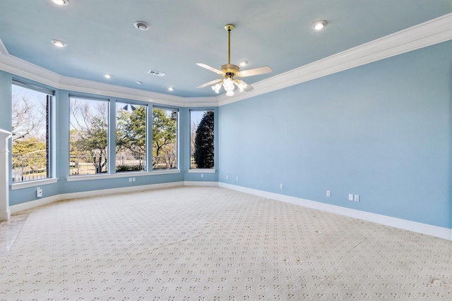 carpeted empty room featuring recessed lighting, a ceiling fan, visible vents, baseboards, and ornamental molding