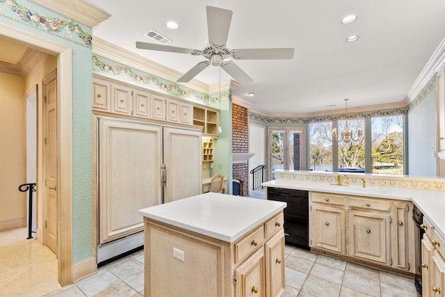 kitchen featuring hanging light fixtures, ornamental molding, black dishwasher, a kitchen island, and ceiling fan