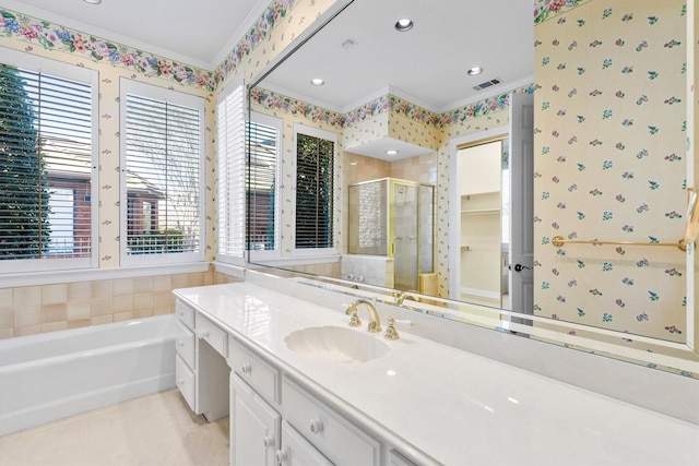 bathroom with crown molding, separate shower and tub, and vanity