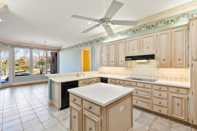 kitchen with black appliances, under cabinet range hood, light countertops, and light brown cabinetry