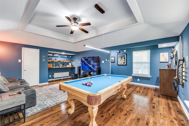 recreation room with pool table, ornamental molding, a tray ceiling, ceiling fan, and hardwood / wood-style floors