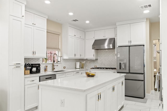 kitchen featuring sink, stainless steel appliances, a center island, and white cabinets