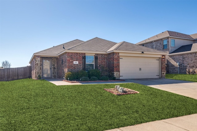 ranch-style house with a garage and a front yard