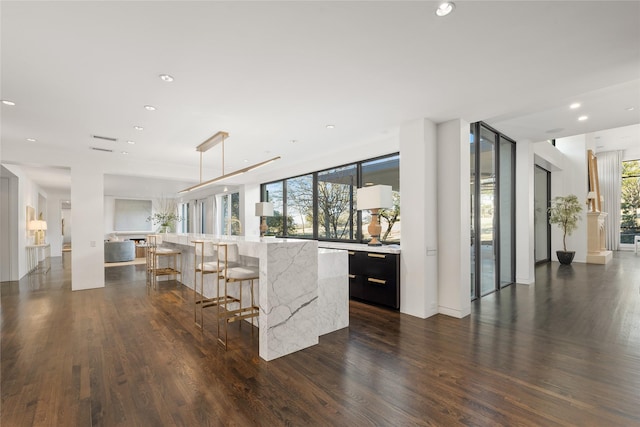 interior space with a large island, dark wood-type flooring, a wealth of natural light, and recessed lighting