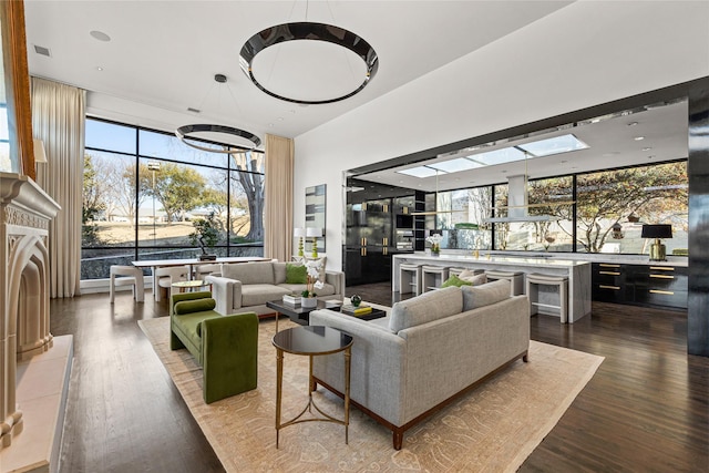 living room featuring expansive windows and dark wood-type flooring