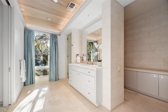 full bath featuring wooden ceiling, visible vents, tile walls, and tile patterned floors