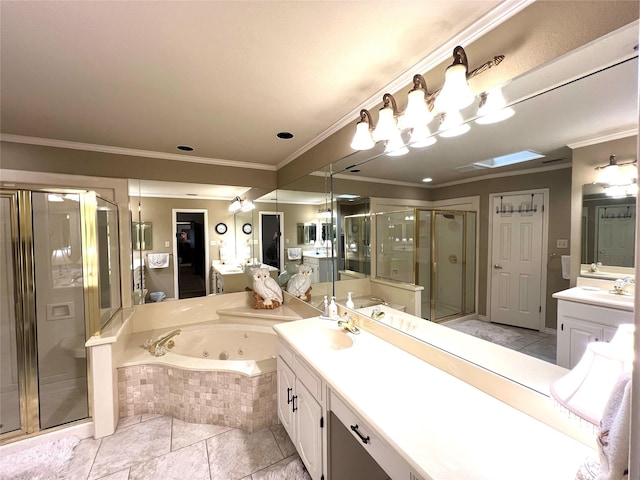 bathroom featuring vanity, tile patterned flooring, ornamental molding, and independent shower and bath