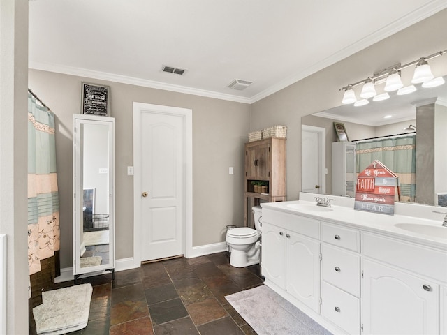 bathroom with crown molding, vanity, toilet, and curtained shower