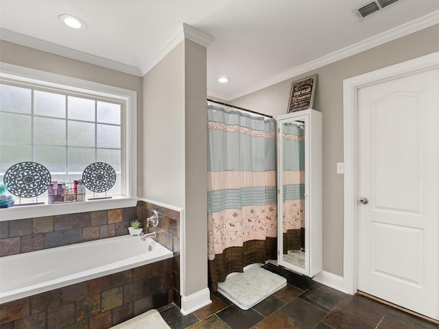 bathroom with crown molding and plus walk in shower