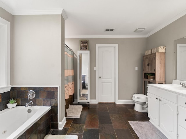 full bathroom with vanity, shower with separate bathtub, crown molding, and toilet