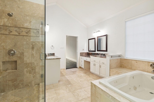 bathroom featuring independent shower and bath, crown molding, lofted ceiling, and vanity