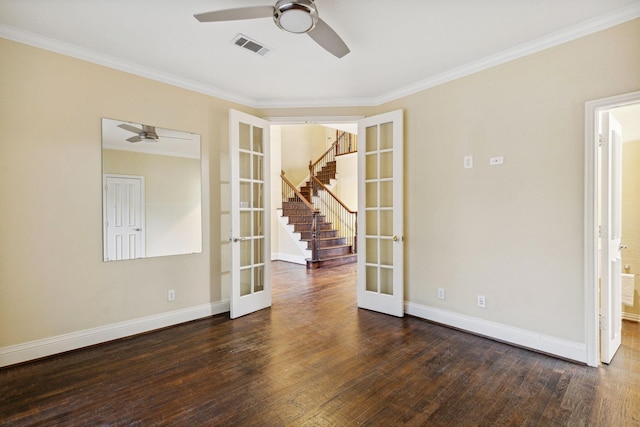 unfurnished room featuring ornamental molding, dark hardwood / wood-style floors, ceiling fan, and french doors